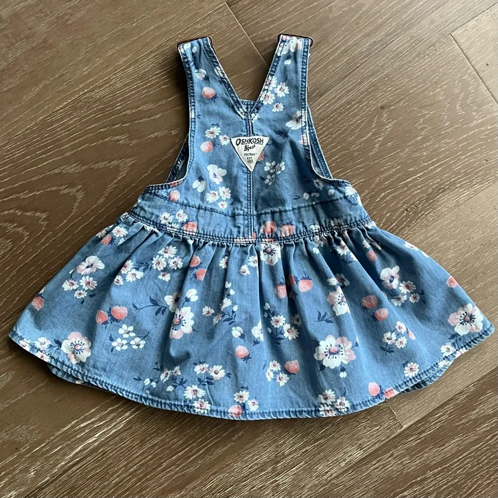 OshKosh B'gosh Vintage Floral Strawberry Denim Jumper Overall Dress Size 12M